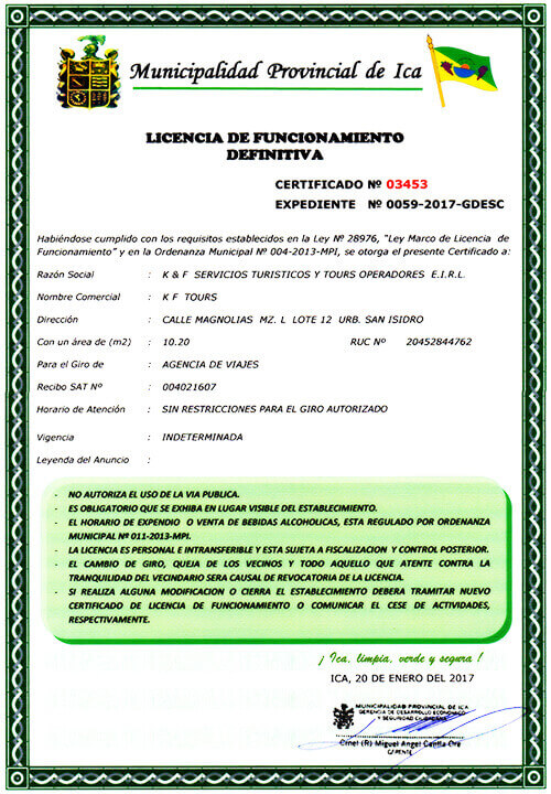 Licencia de Funcionamiento, Municipalidad Provincial de Ica